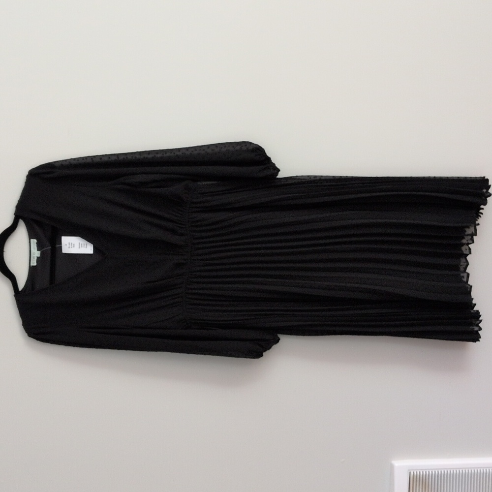 NWT Cleo Petites Black Swiss Dot Balloon Sleeve Pleated Dress Stretch Waist L